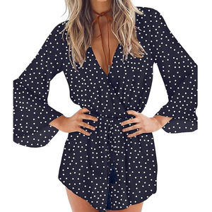 Aimcoo Blue and White Polka Dots Long Bell Sleeves Romper Sz M